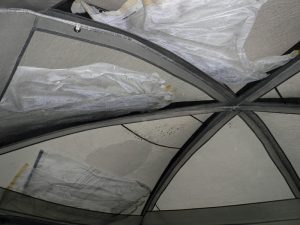 Attempt to keep rain out of tent with kitchen bags